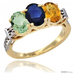 10K Yellow Gold Natural Green Amethyst, Blue Sapphire & Whisky Quartz Ring 3-Stone Oval 7x5 mm Diamond Accent