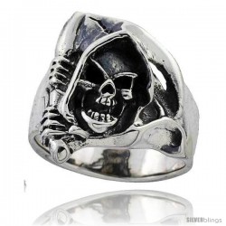 Sterling Silver Grim Reaper Head Skull Ring 1 in wide