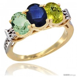 10K Yellow Gold Natural Green Amethyst, Blue Sapphire & Lemon Quartz Ring 3-Stone Oval 7x5 mm Diamond Accent