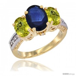 10K Yellow Gold Ladies 3-Stone Oval Natural Blue Sapphire Ring with Lemon Quartz Sides Diamond Accent