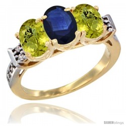 10K Yellow Gold Natural Blue Sapphire & Lemon Quartz Sides Ring 3-Stone Oval 7x5 mm Diamond Accent