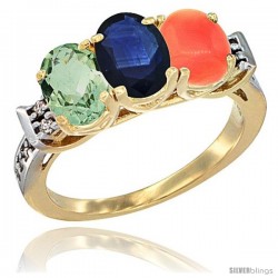 10K Yellow Gold Natural Green Amethyst, Blue Sapphire & Coral Ring 3-Stone Oval 7x5 mm Diamond Accent