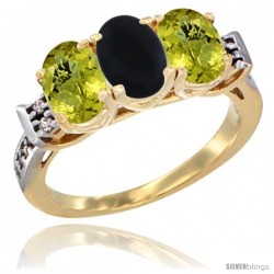 10K Yellow Gold Natural Black Onyx & Lemon Quartz Sides Ring 3-Stone Oval 7x5 mm Diamond Accent