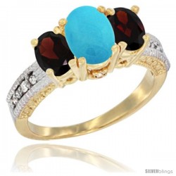 14k Yellow Gold Ladies Oval Natural Turquoise 3-Stone Ring with Garnet Sides Diamond Accent