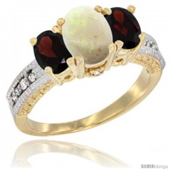 14k Yellow Gold Ladies Oval Natural Opal 3-Stone Ring with Garnet Sides Diamond Accent