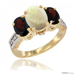 14K Yellow Gold Ladies 3-Stone Oval Natural Opal Ring with Garnet Sides Diamond Accent