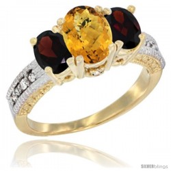 14k Yellow Gold Ladies Oval Natural Whisky Quartz 3-Stone Ring with Garnet Sides Diamond Accent