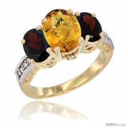 14K Yellow Gold Ladies 3-Stone Oval Natural Whisky Quartz Ring with Garnet Sides Diamond Accent