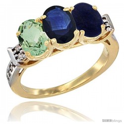 10K Yellow Gold Natural Green Amethyst, Blue Sapphire & Lapis Ring 3-Stone Oval 7x5 mm Diamond Accent