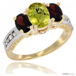 14k Yellow Gold Ladies Oval Natural Lemon Quartz 3-Stone Ring with Garnet Sides Diamond Accent