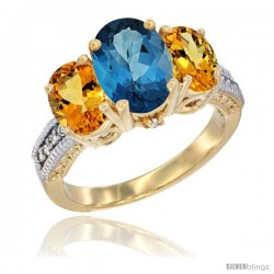 10K Yellow Gold Ladies 3-Stone Oval Natural London Blue Topaz Ring with Citrine Sides Diamond Accent