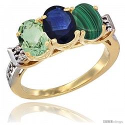 10K Yellow Gold Natural Green Amethyst, Blue Sapphire & Malachite Ring 3-Stone Oval 7x5 mm Diamond Accent