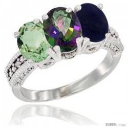 10K White Gold Natural Green Amethyst, Mystic Topaz & Lapis Ring 3-Stone Oval 7x5 mm Diamond Accent