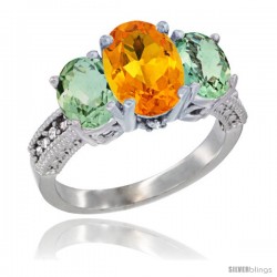 10K White Gold Ladies Natural Citrine Oval 3 Stone Ring with Green Amethyst Sides Diamond Accent