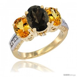 10K Yellow Gold Ladies 3-Stone Oval Natural Smoky Topaz Ring with Citrine Sides Diamond Accent