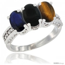 14K White Gold Natural Blue Sapphire, Black Onyx & Tiger Eye Ring 3-Stone 7x5 mm Oval Diamond Accent