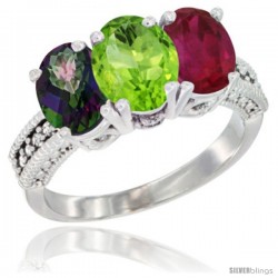 10K White Gold Natural Mystic Topaz, Peridot & Ruby Ring 3-Stone Oval 7x5 mm Diamond Accent