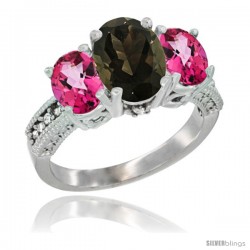 14K White Gold Ladies 3-Stone Oval Natural Smoky Topaz Ring with Pink Topaz Sides Diamond Accent