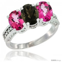 14K White Gold Natural Smoky Topaz & Pink Topaz Sides Ring 3-Stone 7x5 mm Oval Diamond Accent