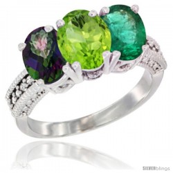 10K White Gold Natural Mystic Topaz, Peridot & Emerald Ring 3-Stone Oval 7x5 mm Diamond Accent