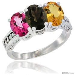 14K White Gold Natural Pink Topaz, Smoky Topaz & Citrine Ring 3-Stone 7x5 mm Oval Diamond Accent