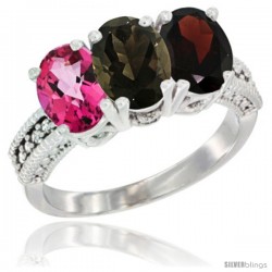 14K White Gold Natural Pink Topaz, Smoky Topaz & Garnet Ring 3-Stone 7x5 mm Oval Diamond Accent