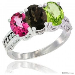 14K White Gold Natural Pink Topaz, Smoky Topaz & Peridot Ring 3-Stone 7x5 mm Oval Diamond Accent