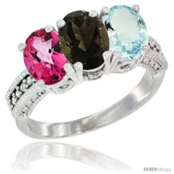 14K White Gold Natural Pink Topaz, Smoky Topaz & Aquamarine Ring 3-Stone 7x5 mm Oval Diamond Accent