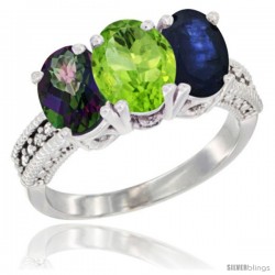 10K White Gold Natural Mystic Topaz, Peridot & Blue Sapphire Ring 3-Stone Oval 7x5 mm Diamond Accent