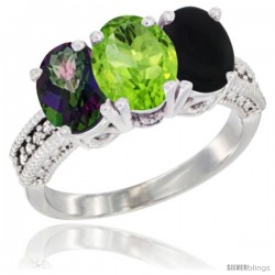 10K White Gold Natural Mystic Topaz, Peridot & Black Onyx Ring 3-Stone Oval 7x5 mm Diamond Accent