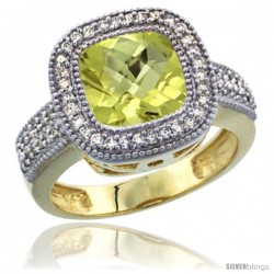 10K Yellow Gold Natural Lemon Quartz Ring Diamond Accent, Cushion-cut 9x9 Stone Diamond Accent