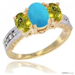 10K Yellow Gold Ladies Oval Natural Turquoise 3-Stone Ring with Lemon Quartz Sides Diamond Accent