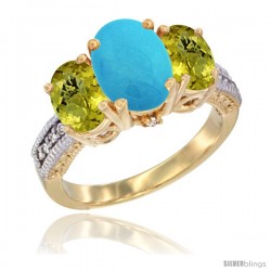 10K Yellow Gold Ladies 3-Stone Oval Natural Turquoise Ring with Lemon Quartz Sides Diamond Accent