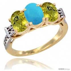 10K Yellow Gold Natural Turquoise & Lemon Quartz Sides Ring 3-Stone Oval 7x5 mm Diamond Accent