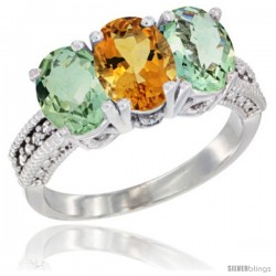 10K White Gold Natural Citrine & Green Amethyst Sides Ring 3-Stone Oval 7x5 mm Diamond Accent