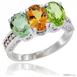 10K White Gold Natural Green Amethyst, Citrine & Peridot Ring 3-Stone Oval 7x5 mm Diamond Accent