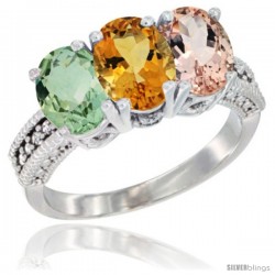 10K White Gold Natural Green Amethyst, Citrine & Morganite Ring 3-Stone Oval 7x5 mm Diamond Accent