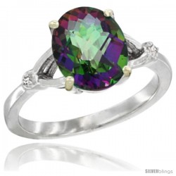 10k White Gold Diamond Mystic Topaz Ring 2.4 ct Oval Stone 10x8 mm, 3/8 in wide