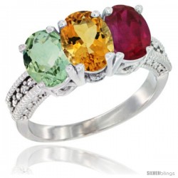 10K White Gold Natural Green Amethyst, Citrine & Ruby Ring 3-Stone Oval 7x5 mm Diamond Accent