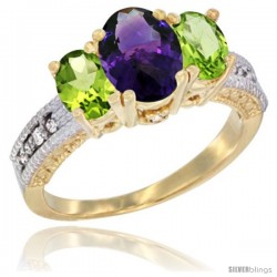 14k Yellow Gold Ladies Oval Natural Amethyst 3-Stone Ring with Peridot Sides Diamond Accent