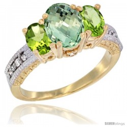 14k Yellow Gold Ladies Oval Natural Green Amethyst 3-Stone Ring with Peridot Sides Diamond Accent