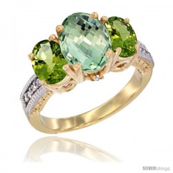 14K Yellow Gold Ladies 3-Stone Oval Natural Green Amethyst Ring with Peridot Sides Diamond Accent