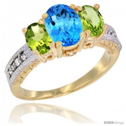 14k Yellow Gold Ladies Oval Natural Swiss Blue Topaz 3-Stone Ring with Peridot Sides Diamond Accent