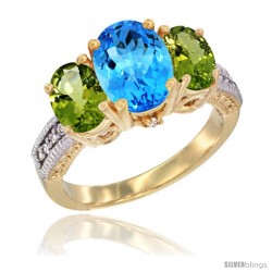 14K Yellow Gold Ladies 3-Stone Oval Natural Swiss Blue Topaz Ring with Peridot Sides Diamond Accent