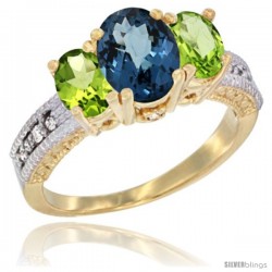 14k Yellow Gold Ladies Oval Natural London Blue Topaz 3-Stone Ring with Peridot Sides Diamond Accent