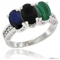 14K White Gold Natural Blue Sapphire, Black Onyx & Malachite Ring 3-Stone 7x5 mm Oval Diamond Accent