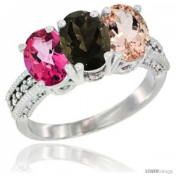 14K White Gold Natural Pink Topaz, Smoky Topaz & Morganite Ring 3-Stone 7x5 mm Oval Diamond Accent