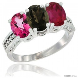 14K White Gold Natural Pink Topaz, Smoky Topaz & Ruby Ring 3-Stone 7x5 mm Oval Diamond Accent