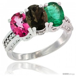 14K White Gold Natural Pink Topaz, Smoky Topaz & Emerald Ring 3-Stone 7x5 mm Oval Diamond Accent