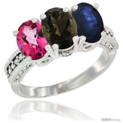 14K White Gold Natural Pink Topaz, Smoky Topaz & Blue Sapphire Ring 3-Stone 7x5 mm Oval Diamond Accent